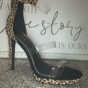 Qupid Leopard Print Clear Strap Stiletto Sandal - Tan, Black